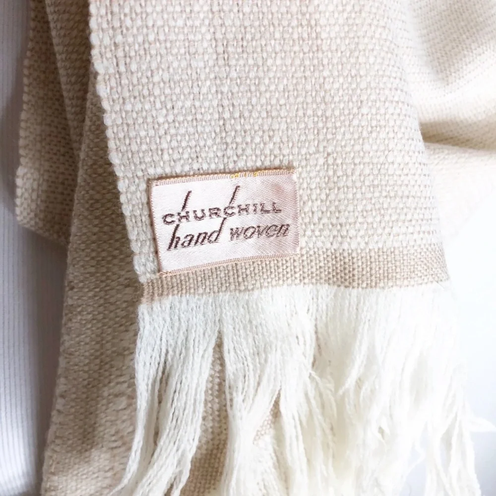 Churchill Handwoven Shawl Scarf tan knit fringe 63"x27" - Picture 2 of 10